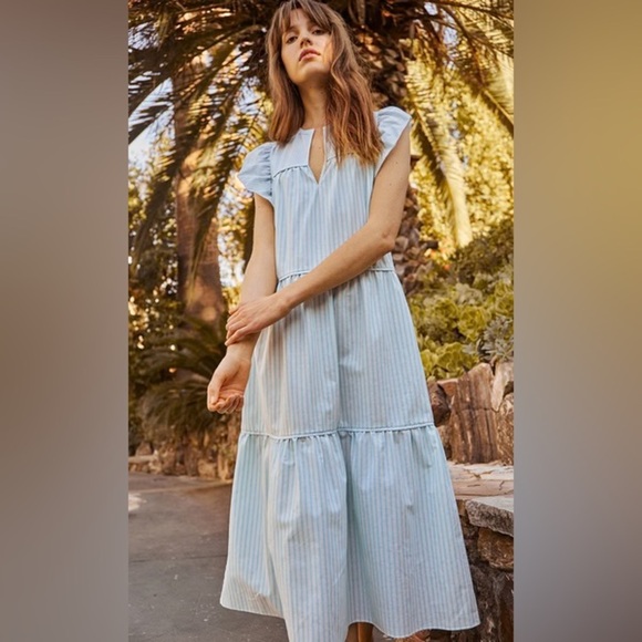 SAYLOR Dresses & Skirts - SAYLOR Blue Tiered Flutter‎ Sleeve Striped Sundress SZ MED
